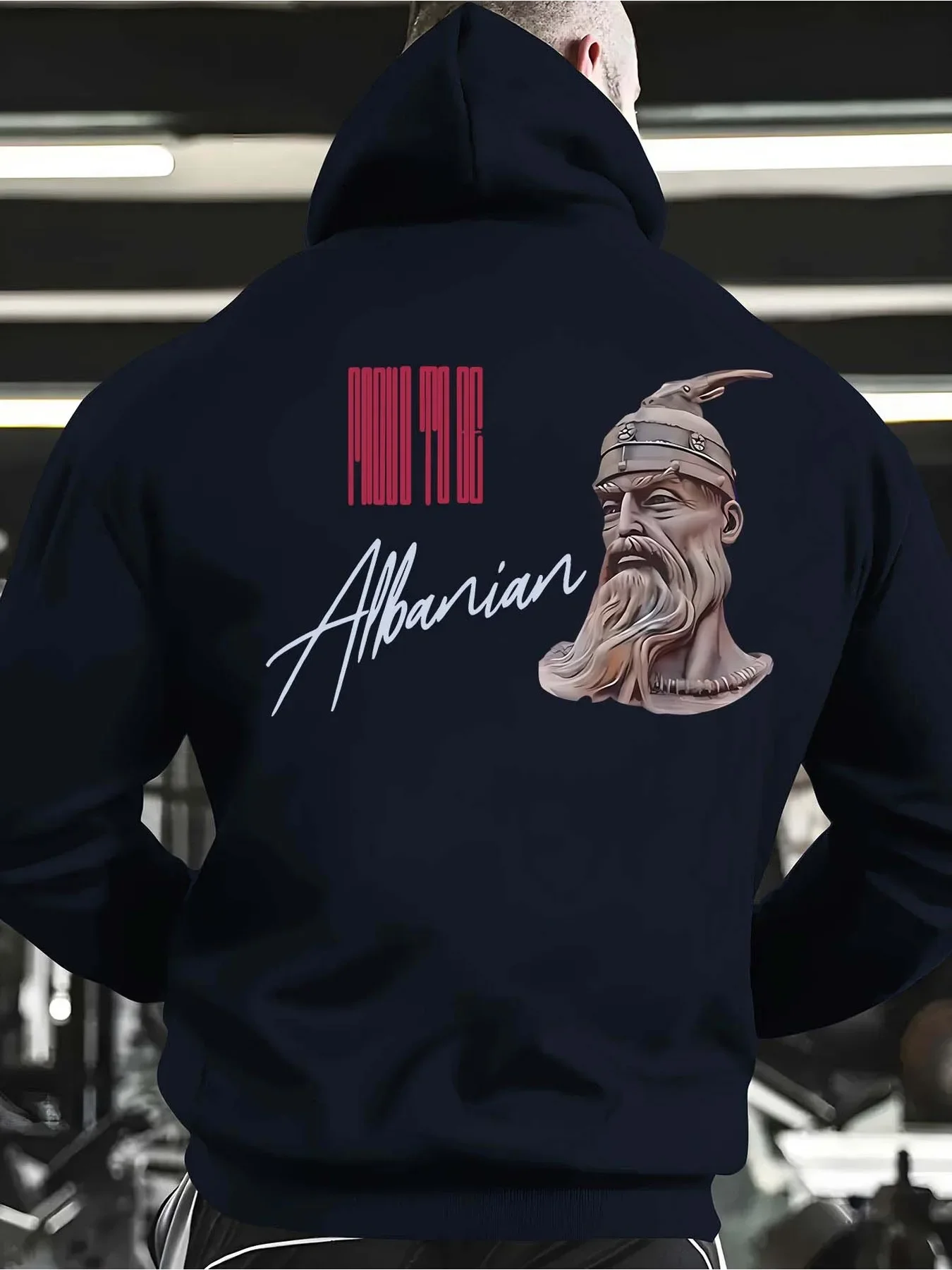 Men'sRetro Albania Culture Hero Portrait Signature Letter Back Graphic Hooded Sweatshirt Casual Loose Pullover Streetwear Hoodie