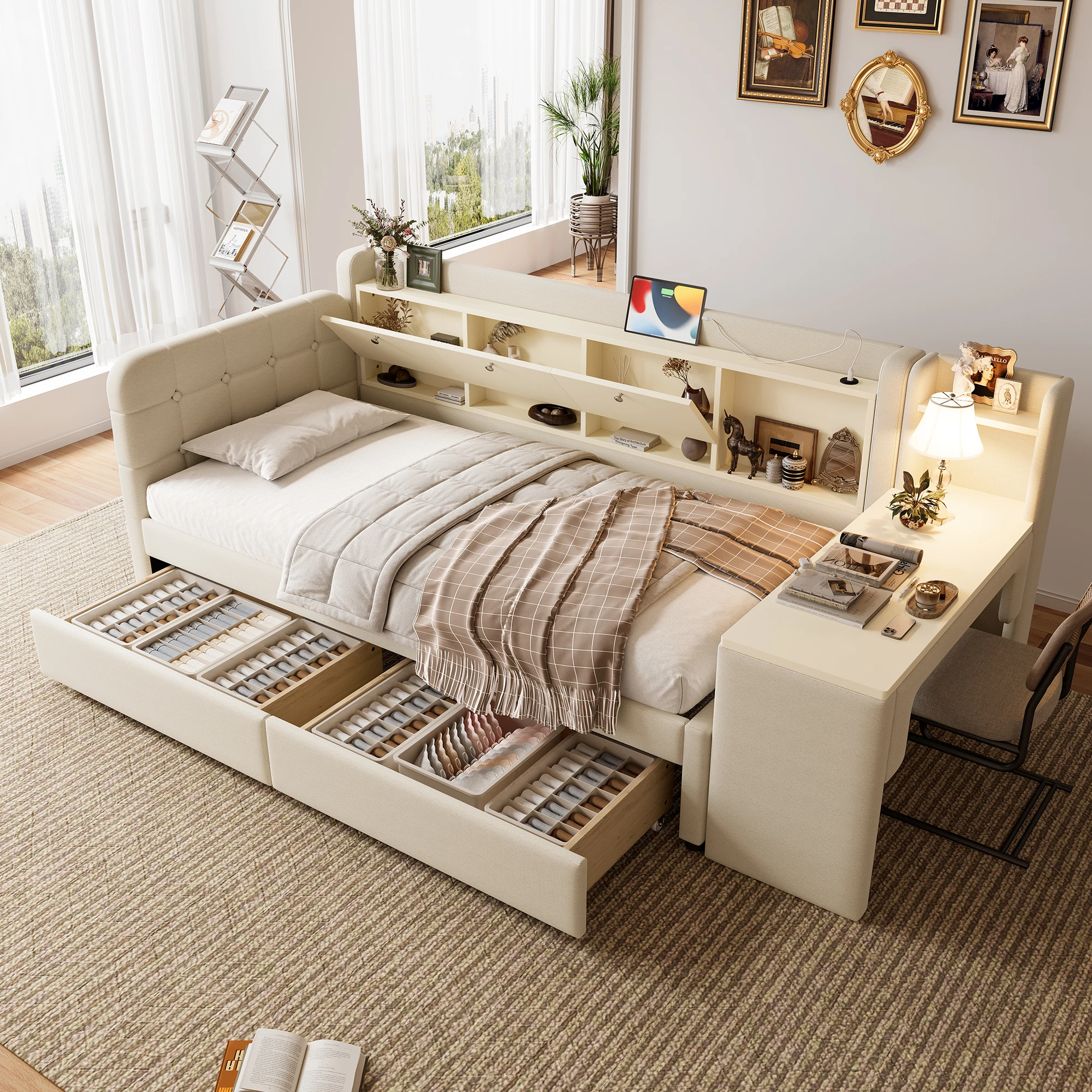 Lit banquette 90x200 cm - avec 2 tiroirs, table d'appoint, ports USB et compartiment de rangement - sans matelas - lin beige et MDF