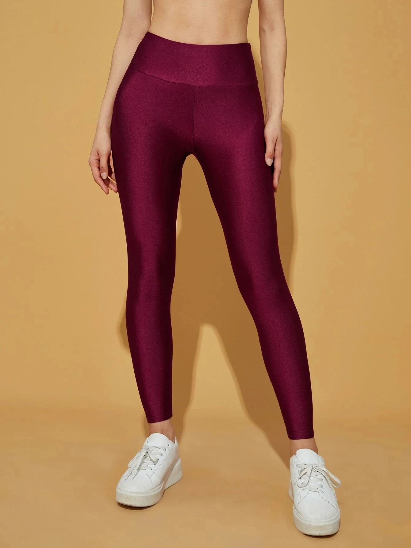 New European-style Wine-red Glossy Leggings High-waisted Solid Color Nine-point Pants Fashion High-stretch Waist Tight Leg Pants