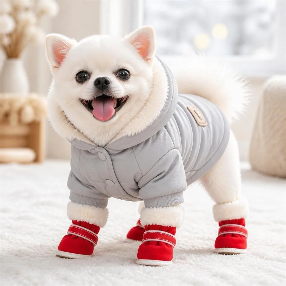 4 Stück Modische Warme Winter-Hundeschuhe Rutschfeste Katzen- und Welpensocken Verdickte Baumwoll-Hundeschuhe für Kleine und Mittelgroße Hunde – Detail 6