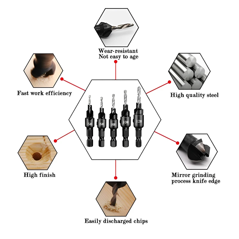 5pcs Countersink Drill Woodworking Drill Bit Set Drilling Pilot Holes for Screw Sizes #5 #6 #8 #10 #12 Cutter Screw Hole Drill