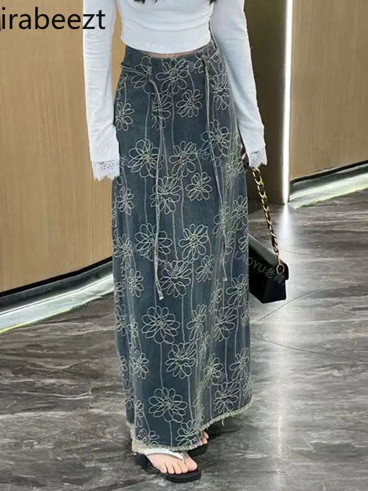 

2025 Summer High Waist Denim Skirt Women's Embroidery A-Line Long Split Loose Fit Distressed Hem Boho Vintage Blue Jeans