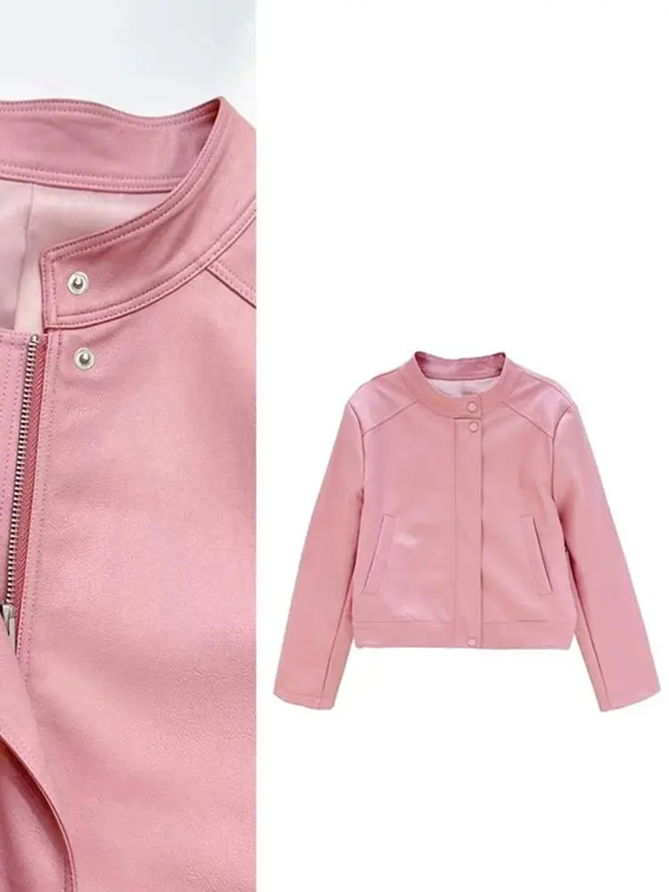 Chic Retro Versatile Women's Leather Jacket Short Sleeve Pink Long Spring New Style Fashionable Anti-Aging Top