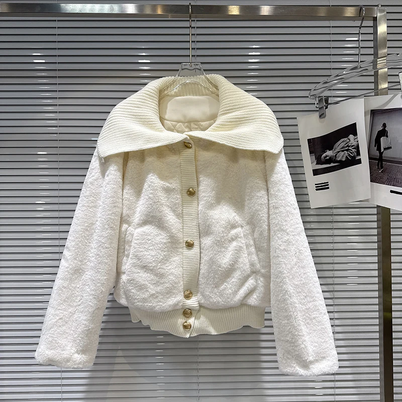 

Sweet temperament knitted collar design furry cotton coat 2025 winter new versatile jacket with cotton clip for women