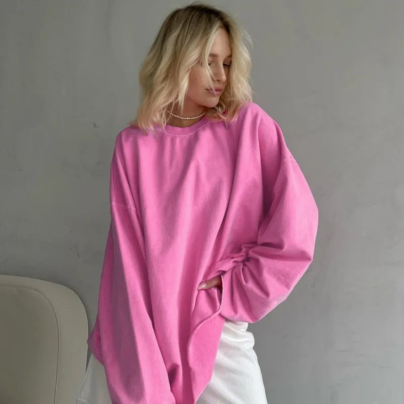 Pink Loose Elastic Round-neck Long-sleeved Shirt Street Style T-shirt New Autumn Fashion Women's Top From Europe and America New