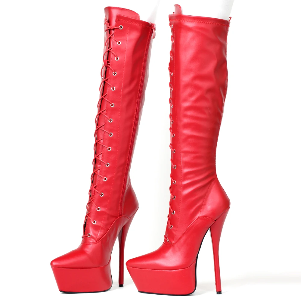 

New Style 7" Heel Closed Toe Lace Up Knee-High Boots Size 36-46