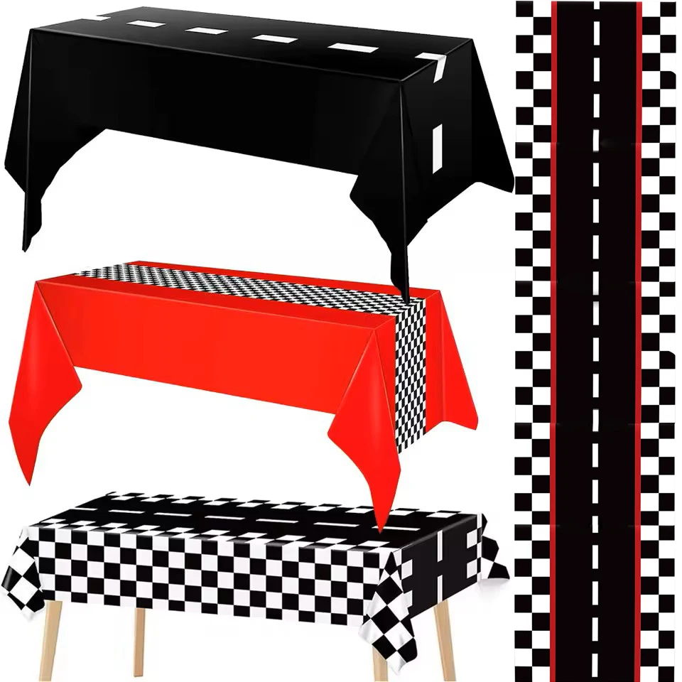Manteles a cuadros en blanco y negro, mantel con bandera a cuadros, corredores de mesa, cubierta de mesa para pista de carreras, suministro para fiesta de cumpleaños