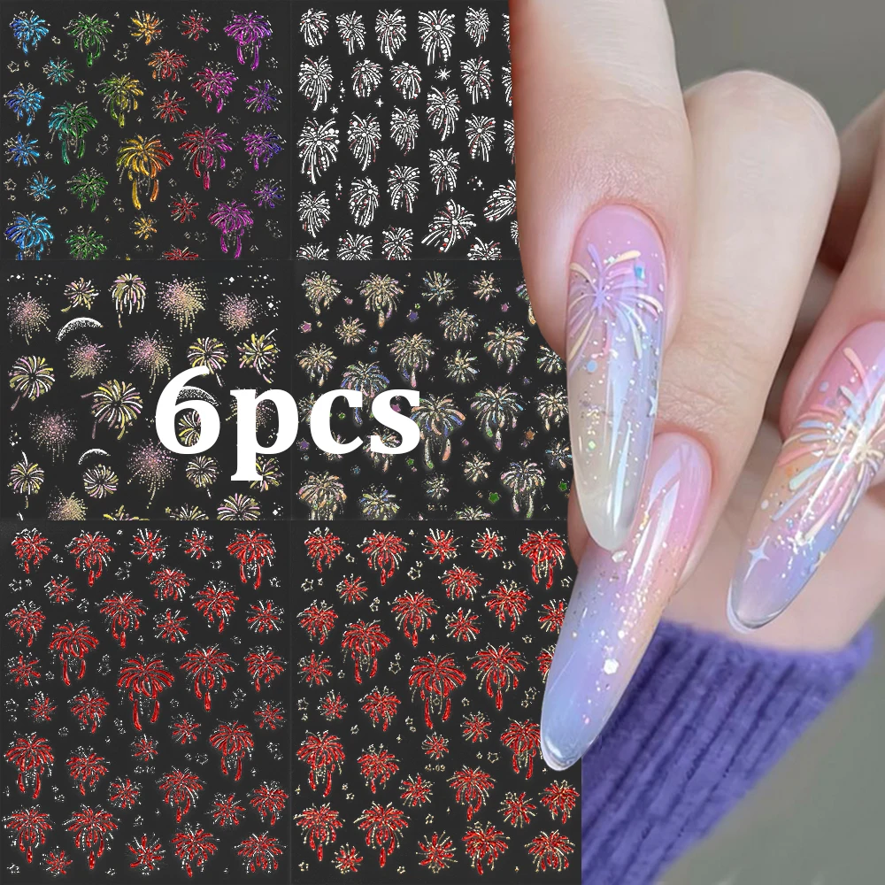 6pcs New Year Firework Sparkling Nail Stickers Gilded 5D Jelly Red Pink Blue Firework Nail Art Decals Spring Festival Decorative