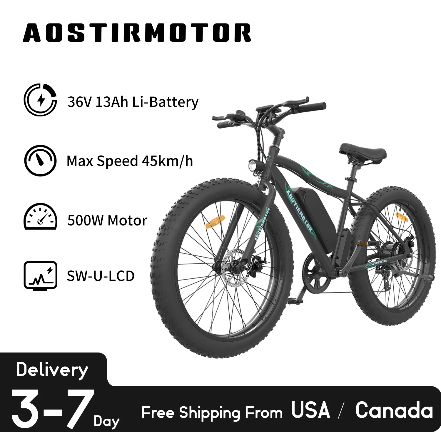 

AOSTIRMOTOR S07-P 500W Ebike 26 In 4.0 Fat Tire Mountain Electric Bike 36V 10Ah Battery Beach Cruiser Bicycle