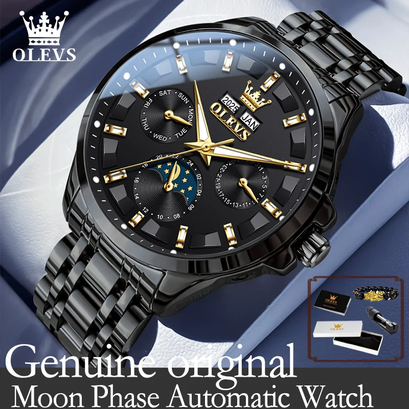 

OLEVS деловые мужские часы с фазой черной луны, автоматические часы из нержавеющей стали для мужчин, подлинные трендовые брендовые мужские наручные часы