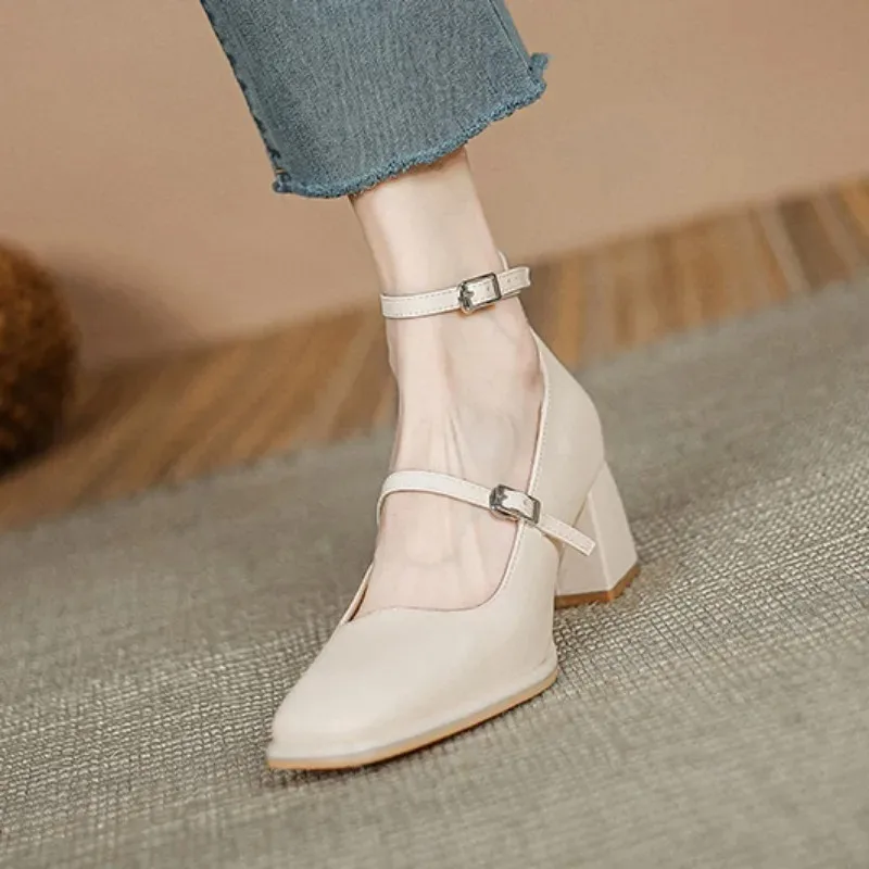 Comemore 2024 Spring Women High Heels Buckle Retro Chunky Heel Patent Leather Shoes Mary Jane Pumps Women\'s Shoe Heeled Sandals