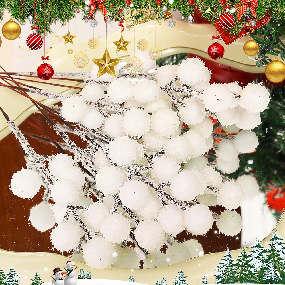 5/100pcs Artificial White Berry Stem Frosted DIY Fake Berries Wreath Xmas Tree Ornament Christmas Snow Tipped Branches Crafts