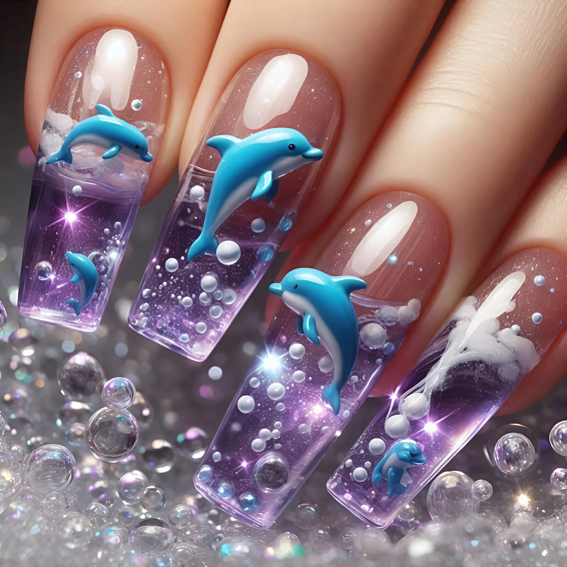 24Pcs Fantasy Ocean False Nails Ballet Purple Gradient Press on Nails Sets Coffin with Dolphin Pattern Stick on Fake Manicure