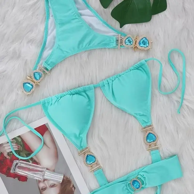 

Sexy Rhinestones Bikini 2025 Women Solid Pink Push Up Glitter Diamond Luxury Swimwear Bathing Suit Metal Chain Thong Swimsuit