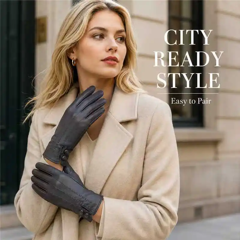 Womens PU Buckle Touch Screen Winter Gloves, Fashion Five Finger Warm Gloves For Coat Matching And Romantic Outdoor Date Outings