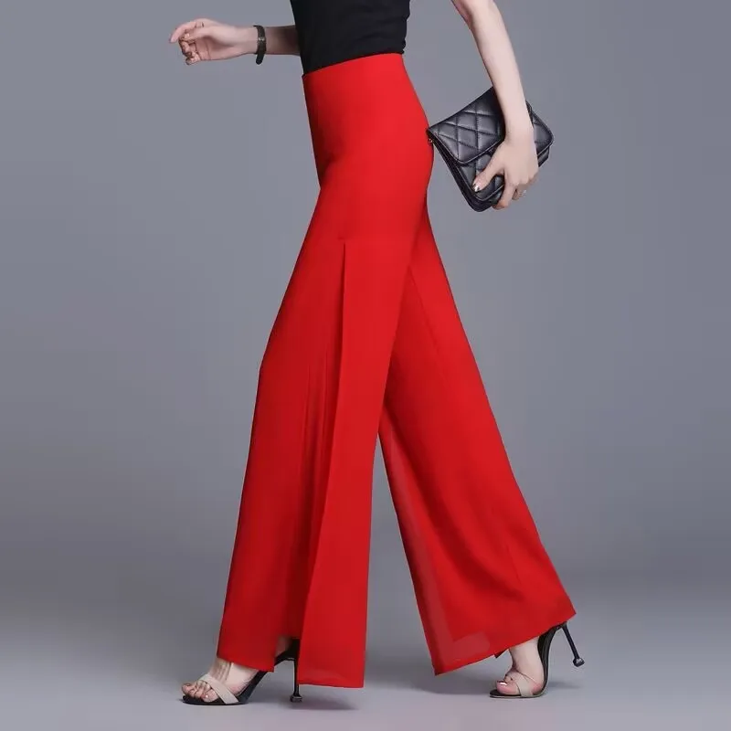 Double Layered Chiffon Wide Leg Pants For Women Spring Summer Elastic Waist Skirt Pants Korean Split Elegant Straight Trousers