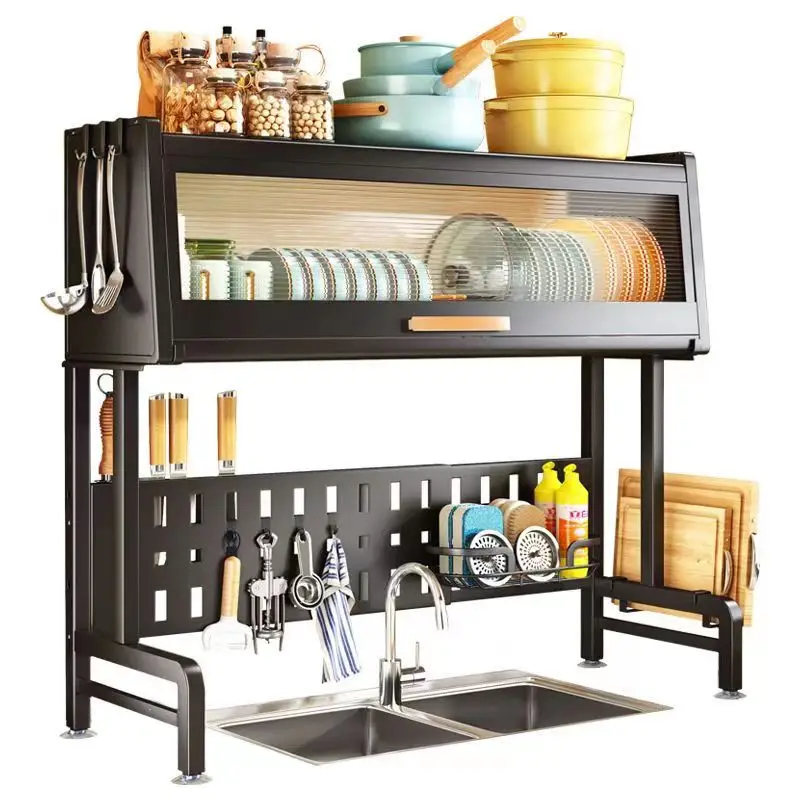 Cabinet door dust-proof sink frame can be retractable vertical kitchen row dish rack two layers drain storage rack