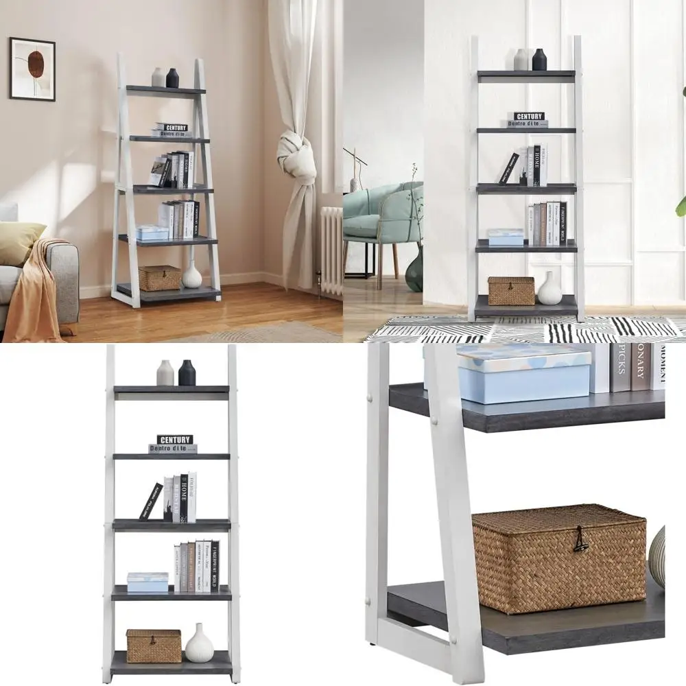 رف كتب على شكل سلم مع إطار من الخشب المطاطي - رف تخزين من 5 طبقات للمنزل والمكتب وغرفة المعيشة والمطبخ واستخدام غرفة النوم