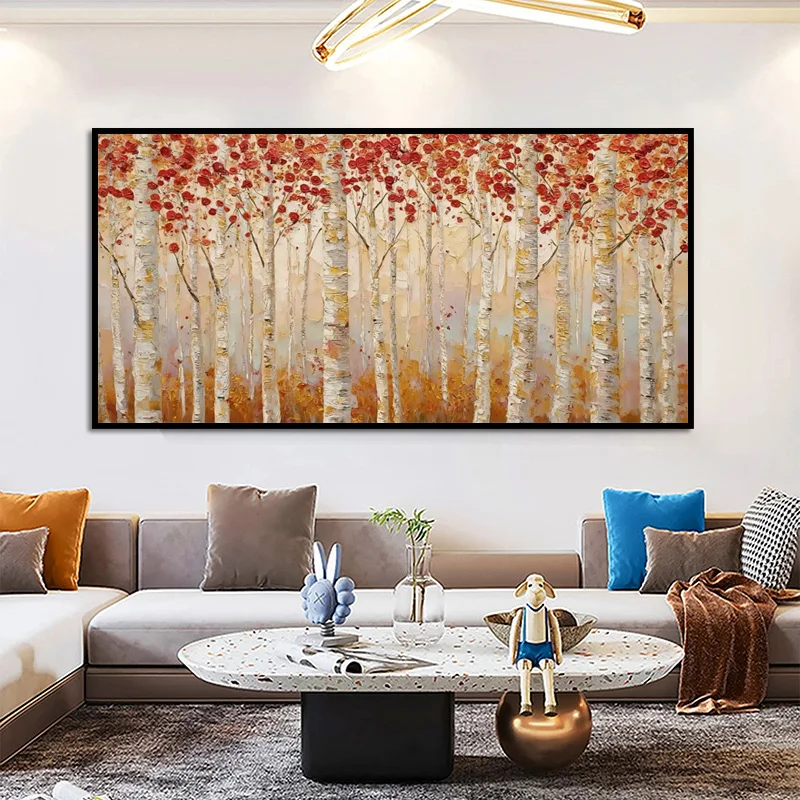Handmade Special Red Orange Black Autumn Season Forest Landscape Oil Painting Large Beige Red Tree Wall Art Decor Items As Gift
