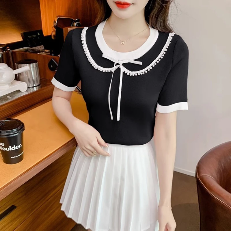 Fashion O-Neck Spliced Bow Beading T-Shirts Women\'s Clothing 2024 Summer New Loose Knitted Korean Tops Office Lady Tee Shirt