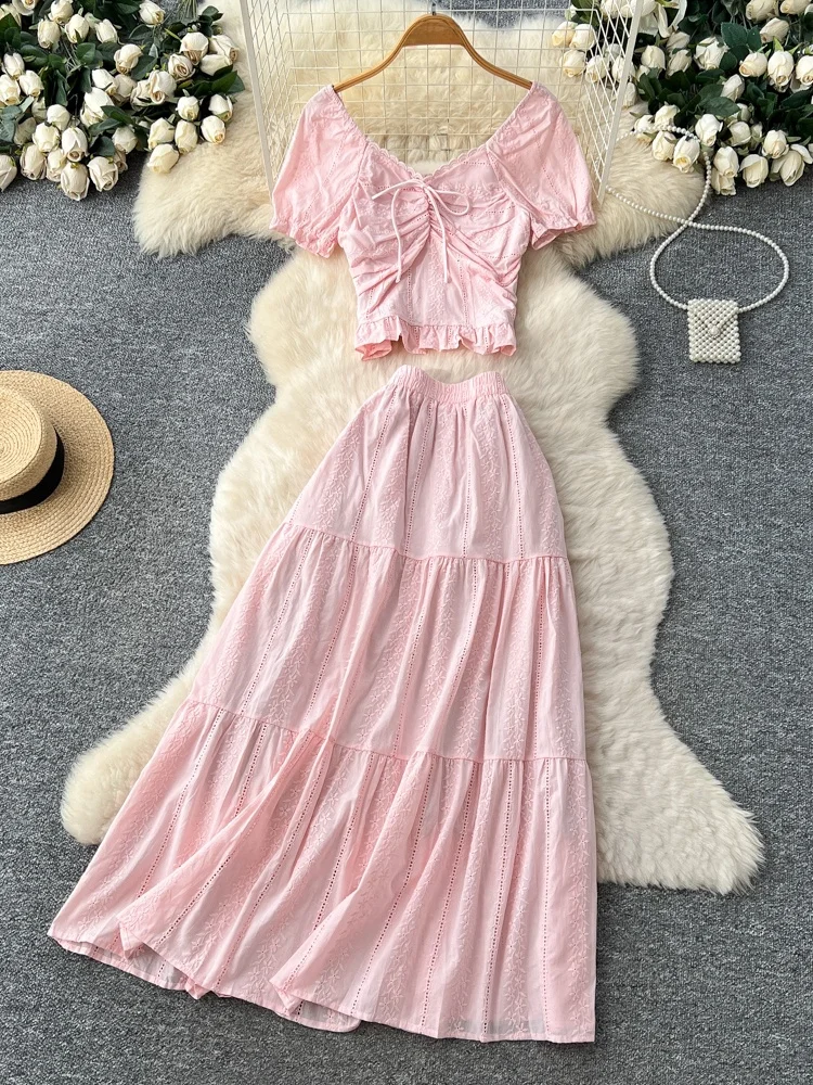 Set da donna di design coreano Faionable Bubble Sve Colletto quadrato Top a vita alta con gonna a vita alta Set da due pezzi