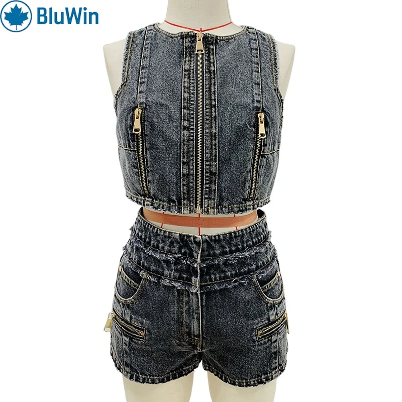 

BluWin New Celebrity Denim Vest Shorts Set Women Two Piece Zipper Top Fashion Jean Outfits Summer 2025 In Stock