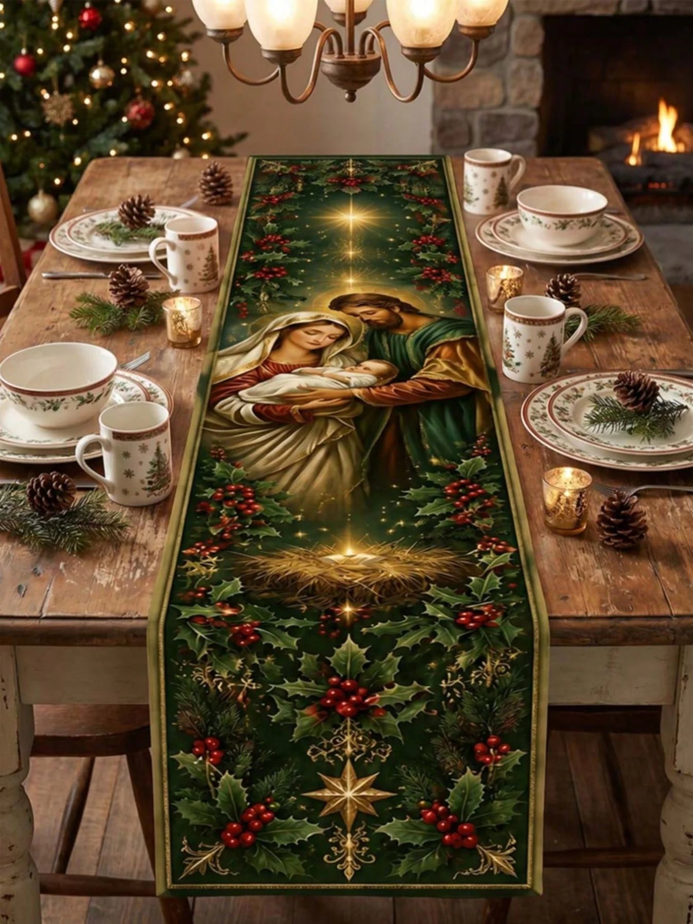 1pc Christmas Nativity Theme Table Runner,Green Vintage Holy Family Manger Holly Red Berry Print Linen-Like Fabric Decoration
