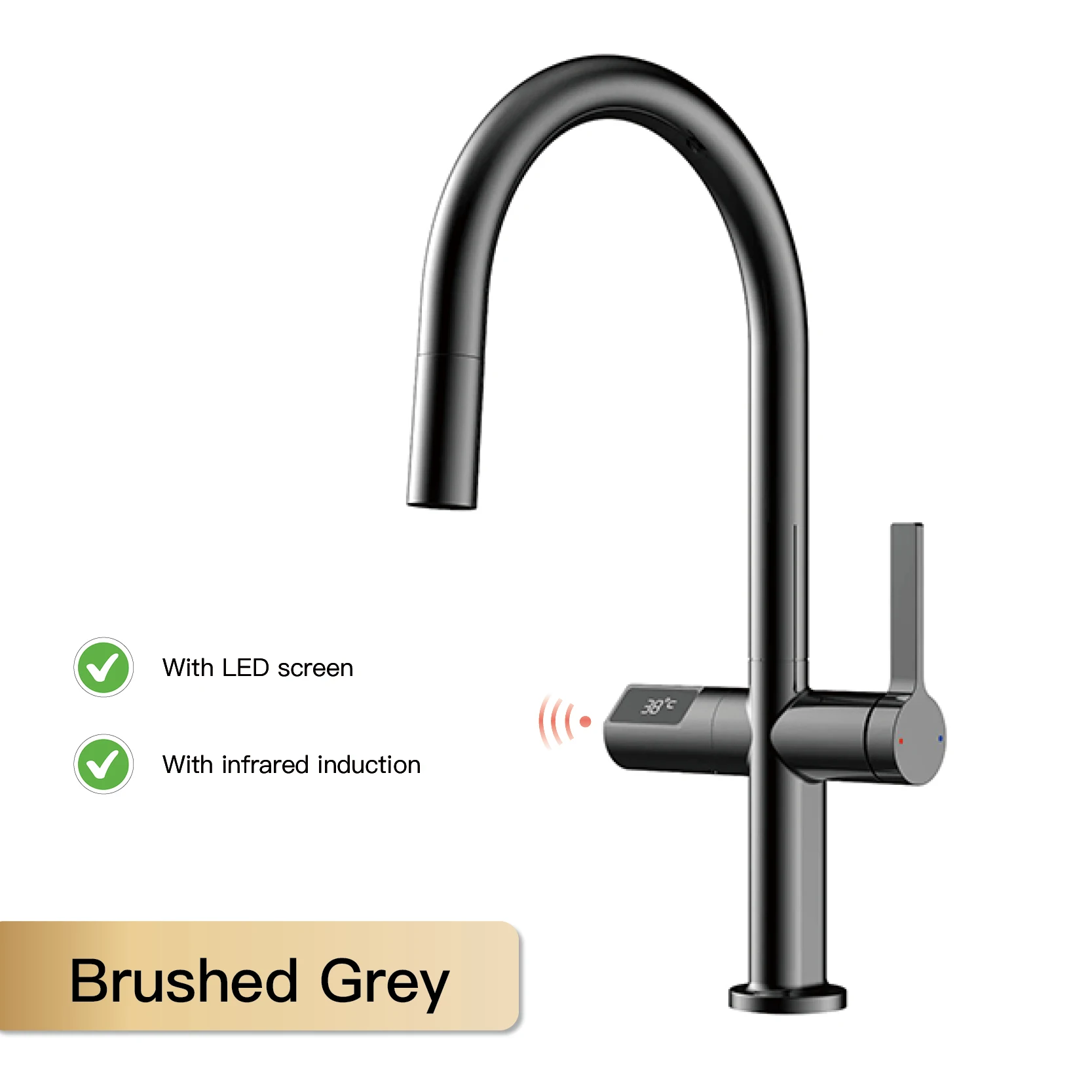 Luxe Messing Pistool Grijze Keuken Kraan Led Digitaal Detectie Ontwerp Enkele Handgreep Warm En Koud Water Pull-Out Type 2-Functie Gootsteen Kraan - afbeelding 1