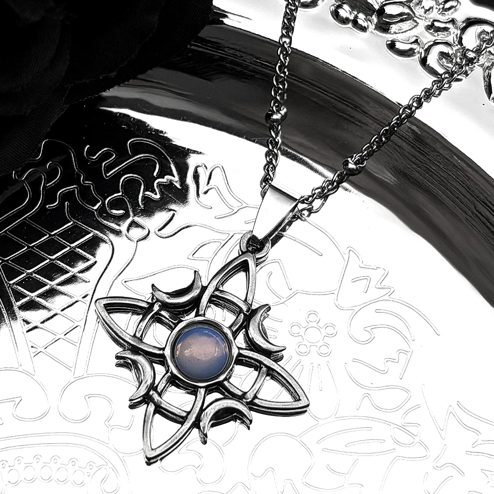 Wicca Keltischer Knoten Dreifachmond Göttin Halskette Edelstahl Mondstein Hexen-Amulett Gotische Kettenhalskette Schmuck – Detail 5