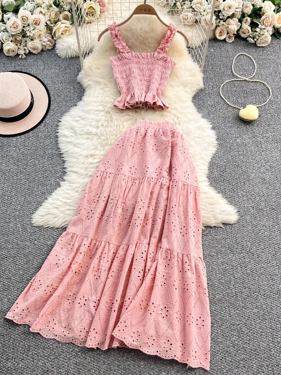 

Foamlina Girl's Fungus Trim Sleeveless Crop Top + High Waist Slim Crochet Cutout Midi Skirt 2 Piece Set Fo Women Summer New