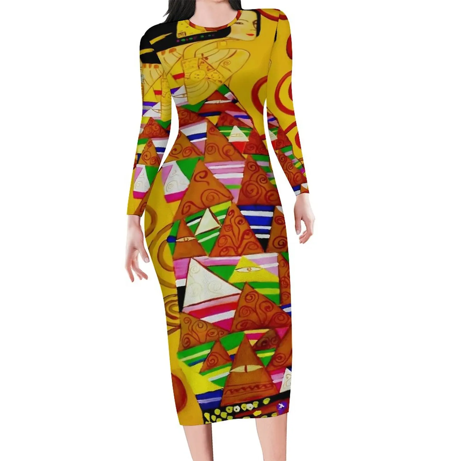 Gustav Klimt Bodycon Dress Womens Abstract Art Print Cute Dresses Autumn Long Sleeve Streetwear Pattern Dress 3XL 4XL 5XL