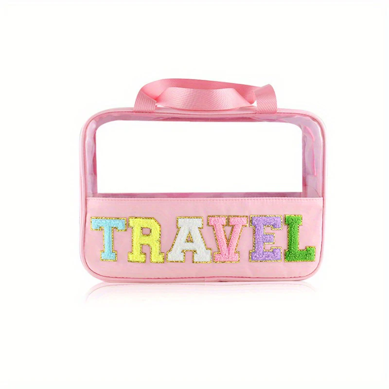 Letter Patches Cosmetic Bag Transparent Women Make Up Case Waterproof Nylon Makeup Pouch Toiletry Beauty Organizer for Travel