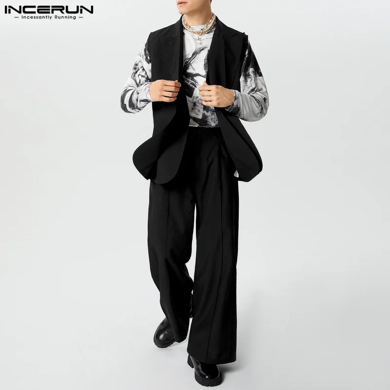 INCERUN Men Blazer Suit Notch Collar Sleeveless One Button Double Layer Blazer Vest And Solid Color Long Pants 2Pcs Pantsuit