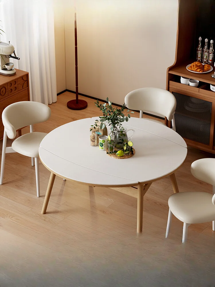 

Rock folding dining table with retractable small unit, modern and simple Nordic cream style square and round solid