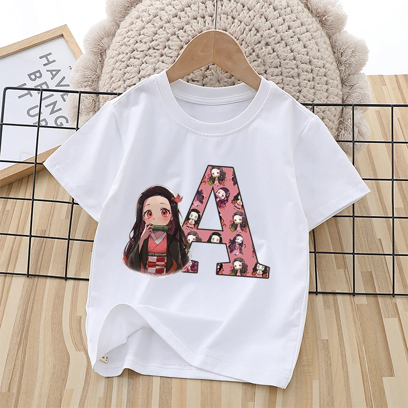 Demon Slayer Nezuko Girls T Shirt Letter ABC Children Cotton Clothes Tops Summer Short Sleeve Cartoon Anime Kids Birthday Gifts