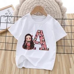 Demon Slayer Nezuko Girls T Shirt Letter ABC Children Cotton Clothes Tops Summer Short Sleeve Cartoon Anime Kids Birthday Gifts