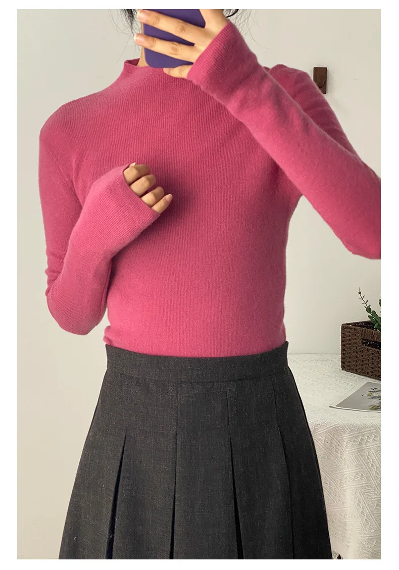 100% Ultra-fine Merino Wool Sweater Autumn and Winter Loose and Simple Semi-turtleneck Wool Bottoming Shirt Multi-color Sweater