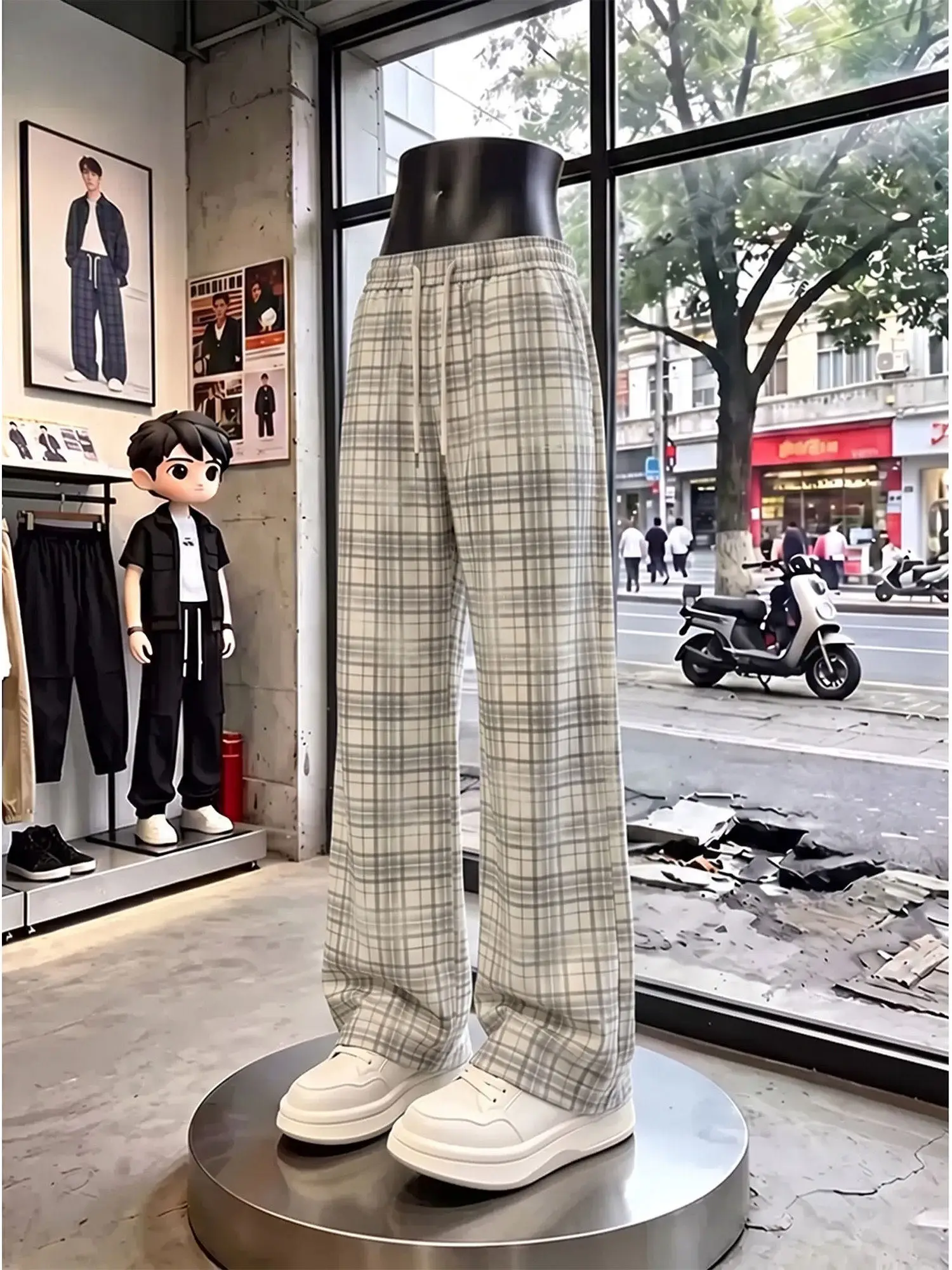 White Gradient Tie-Dye Plaid Casual Pants Men Summer Thin Straight Leg Sports Trousers CleanFit Elastic Waist Loose Fit
