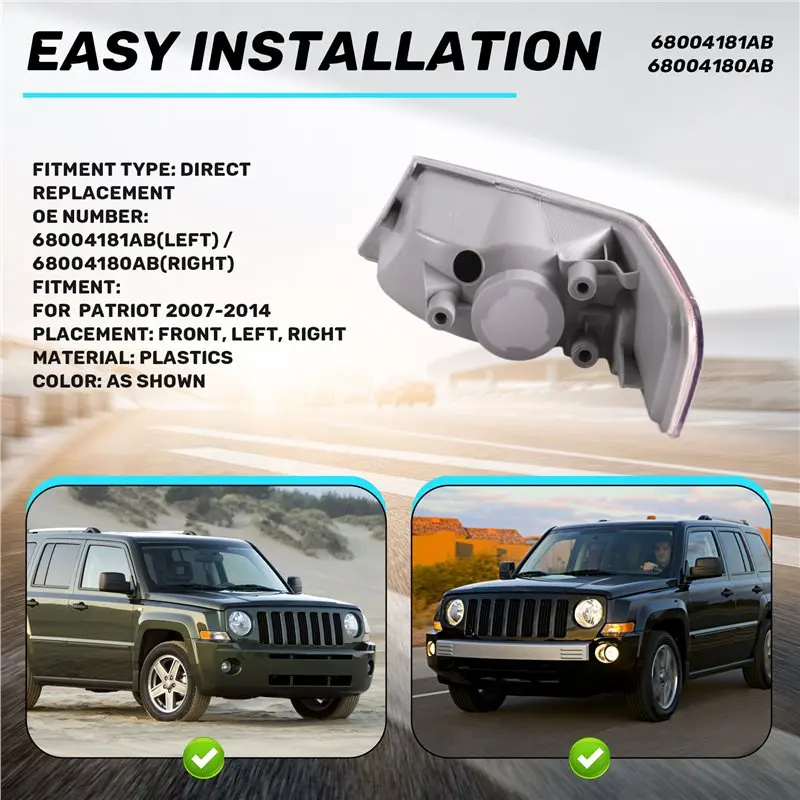 A21F-Car Front Parking Turn Signal Light Corner Lamp No Bulb For Jeep Patriot 2007-2014 68004181AB 68004180AB