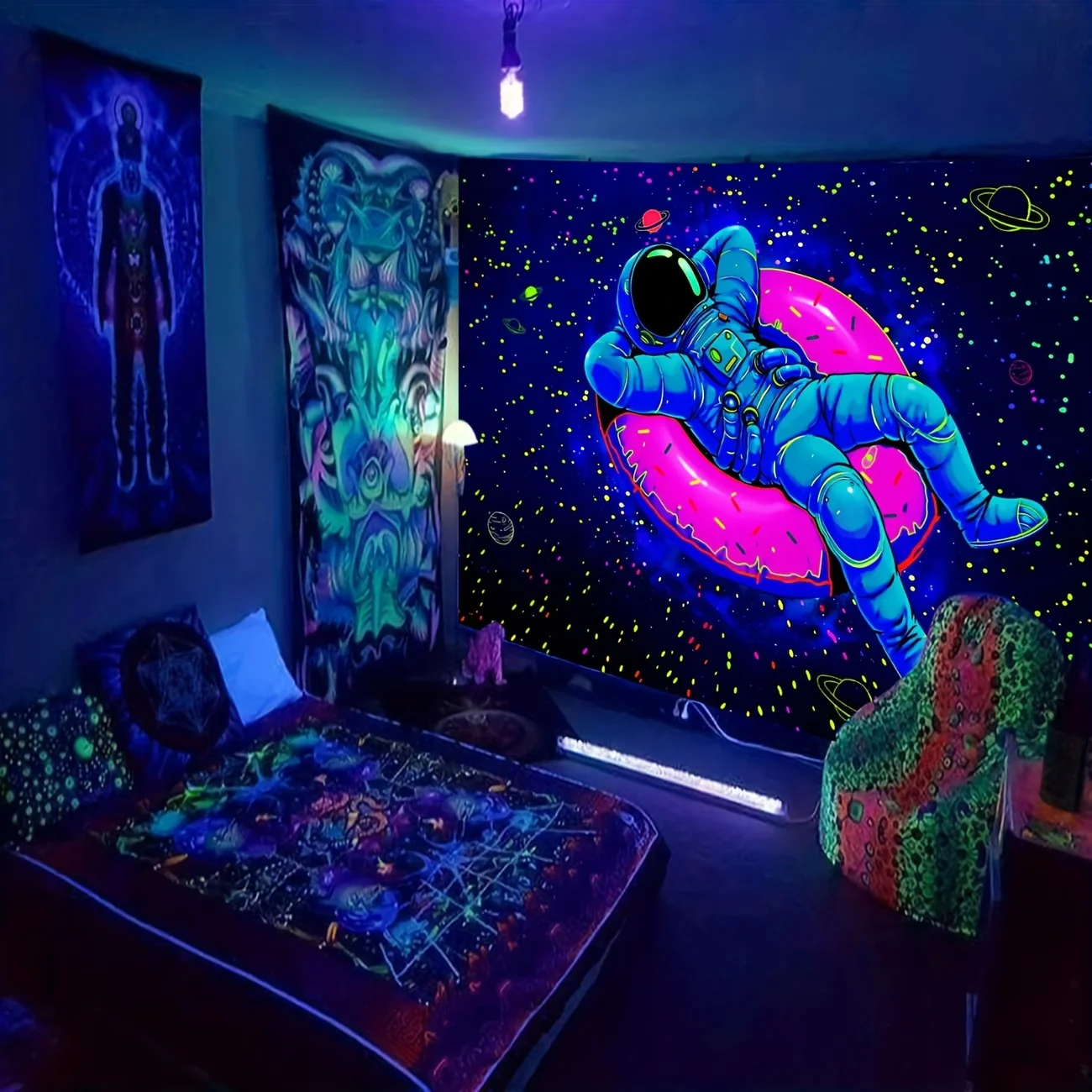 1PC Digital Printed Tapestry Wall Hanging, Astronaut Relaxing on Donut Space, Funny Trippy Sci-Fi Cartoon Decor