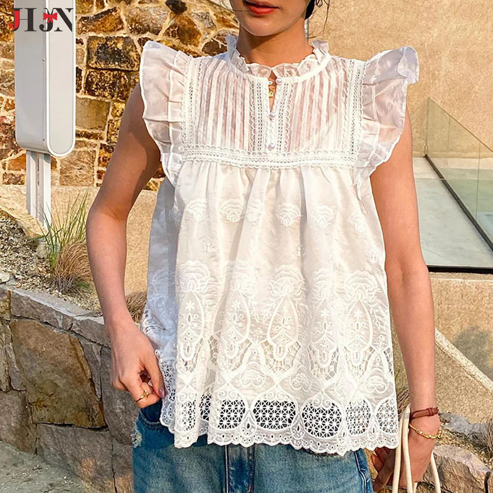 JHJN Hollow Out Lace Crochet Ear Fungus Edge Stand Collar Tencel Shirt Französische Damenbekleidung Socialite Style Ärmelloses Top