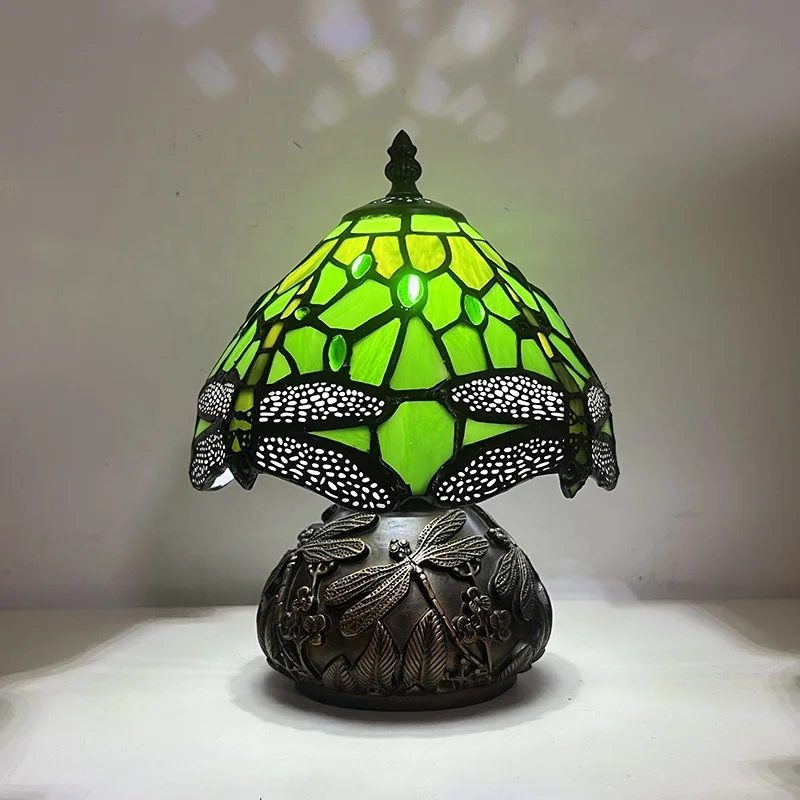 

8-дюймовая лампа Тиффани из витражного стекла, прикроватная настольная лампа в стиле зеленой стрекозы, лампа-гриб для чтения