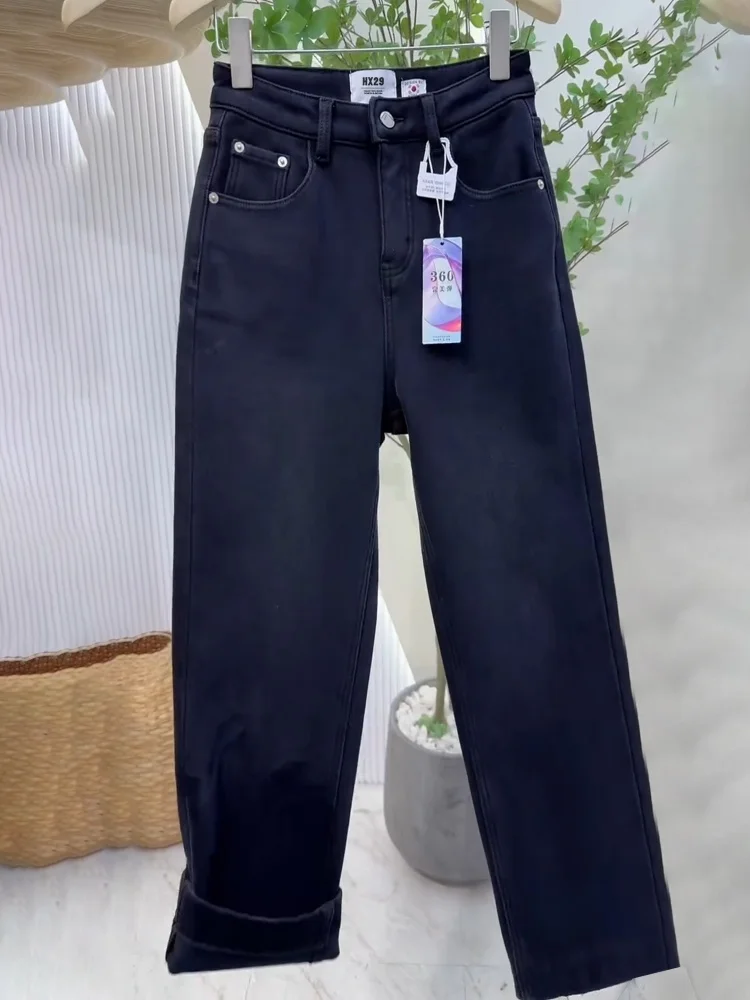 Thiened Fce Jeans a gamba larga da donna Autunno Inverno a vita alta dimagranti pantaloni dritti casual comodi e traspiranti
