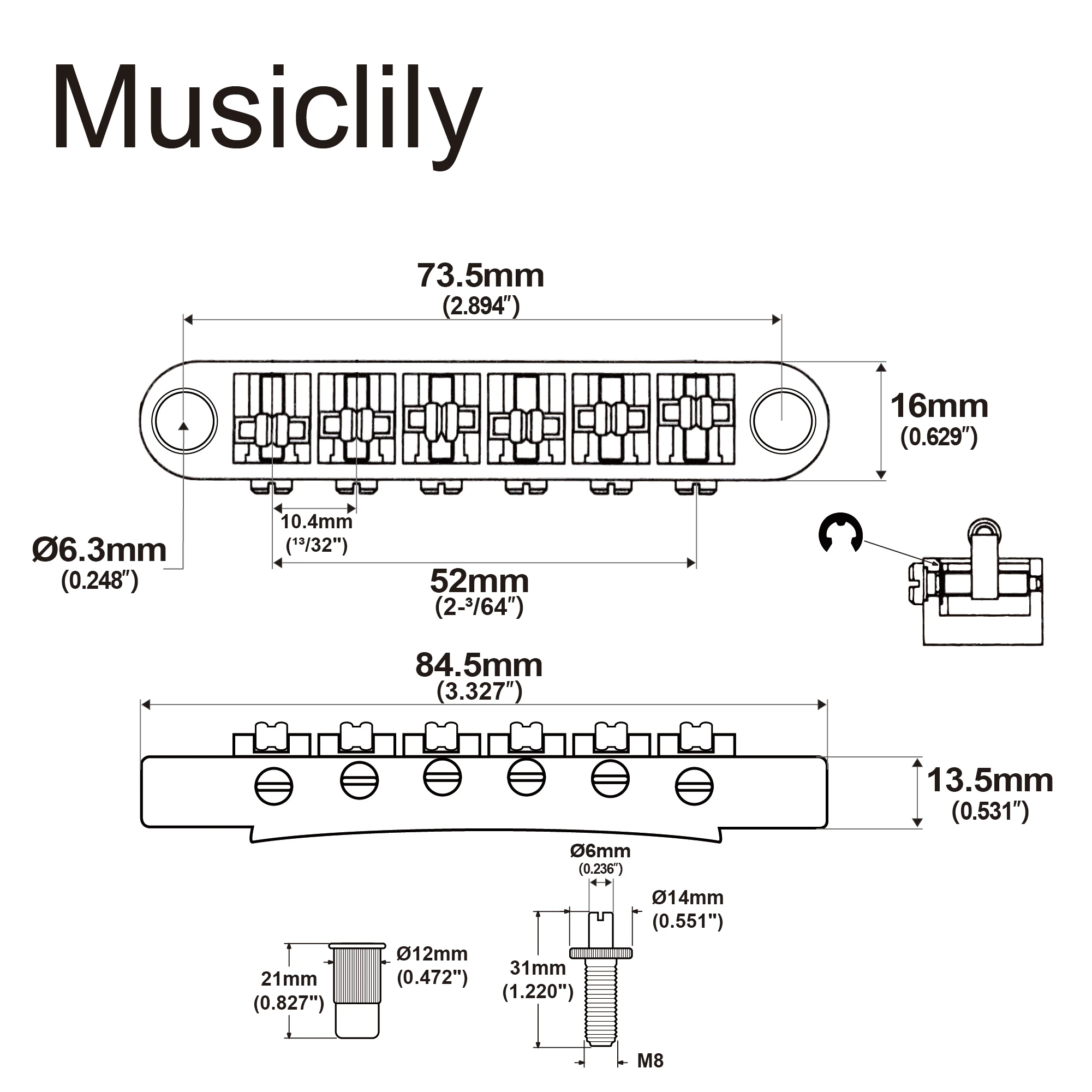 Musiclily Pro Roller Saddles Tune-O-Matic Guitar Bridge for Les Paul LP SG Electric Guitar, Nickel