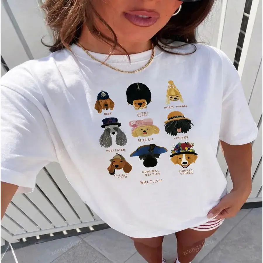 Sweet Funny Women's White Oversized Cotton T-Shirt Cute Multi Breed Dogs in Vintage Hats Cartoon Graphic Casual Pet Lover Tee