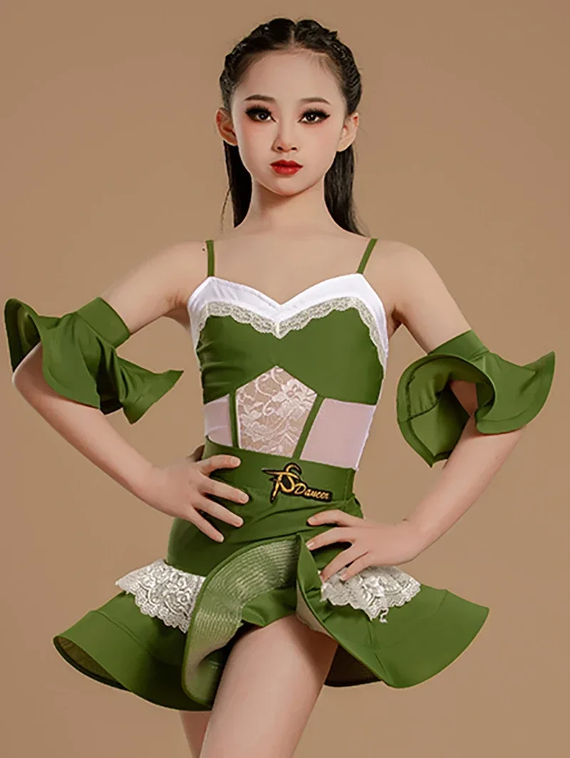 Зеленый костюм для латинских танцев для девочек, детский тренировочный кружевной комбинезон без рукавов и большие распашные юбки, детская танцевальная одежда