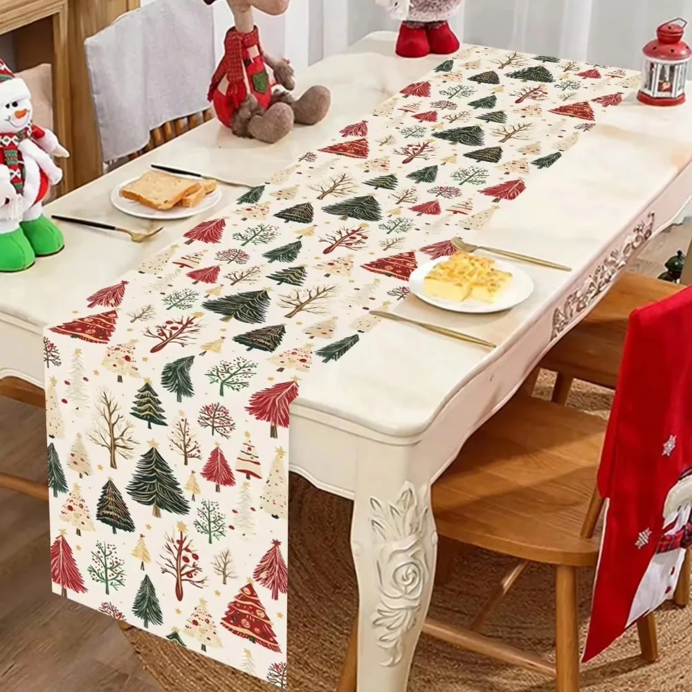 Christmas Tree Table Runner Mixed Pine Tree Pattern Polyester Holiday Tablecloth Washable Heat Resistant Party Table Decor