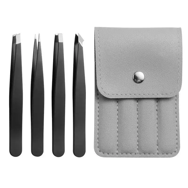 4Pcs Professional Black Eyebrow Tweezers Set Stainless Steel Slant Flat Point Eyebrow Tweezers For Eyebrow Shaping Tools