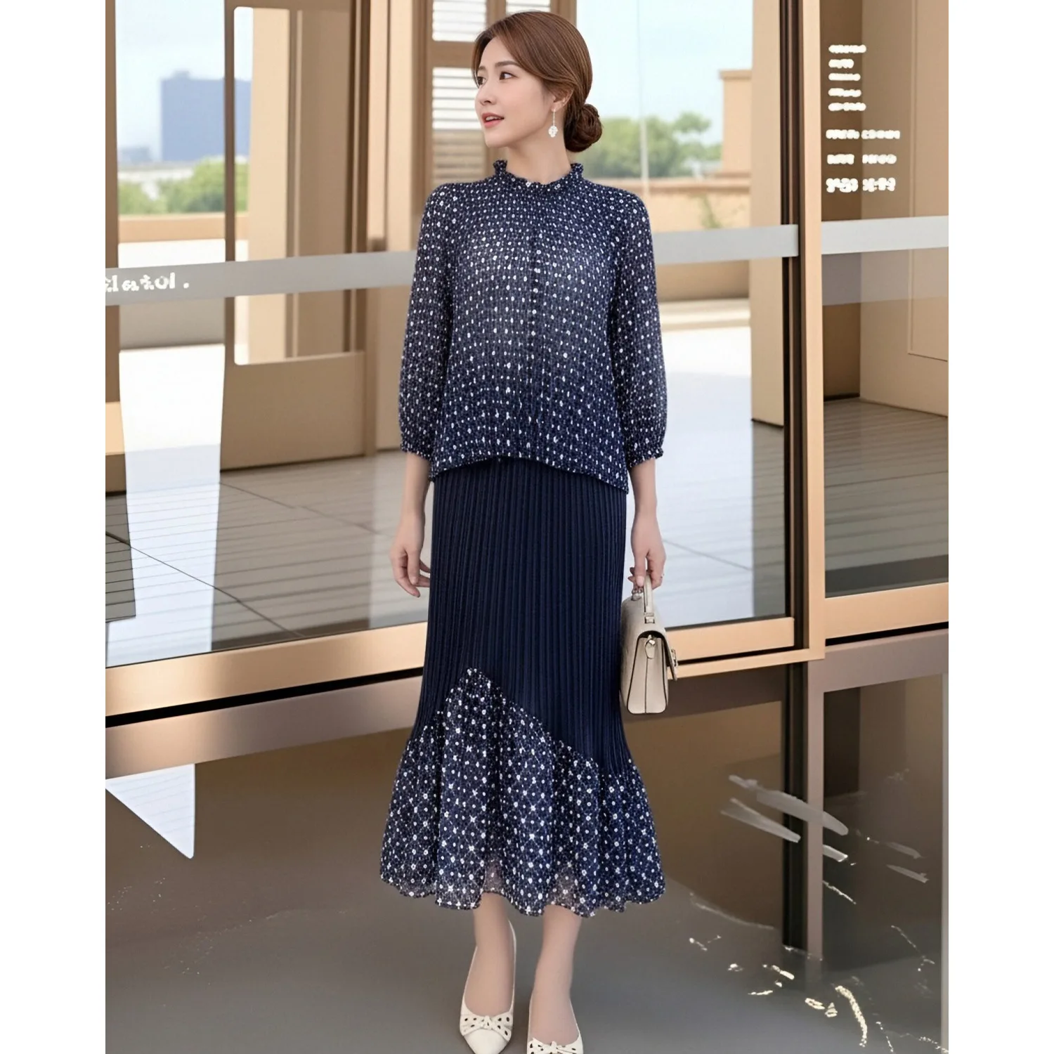 

Комплект с плиссированной юбкой и принтованным топом Miyake: Новинка Весны 2026 – Элегантный приталенный топ с длинным рукавом и плиссированная длинная юбка с принтом