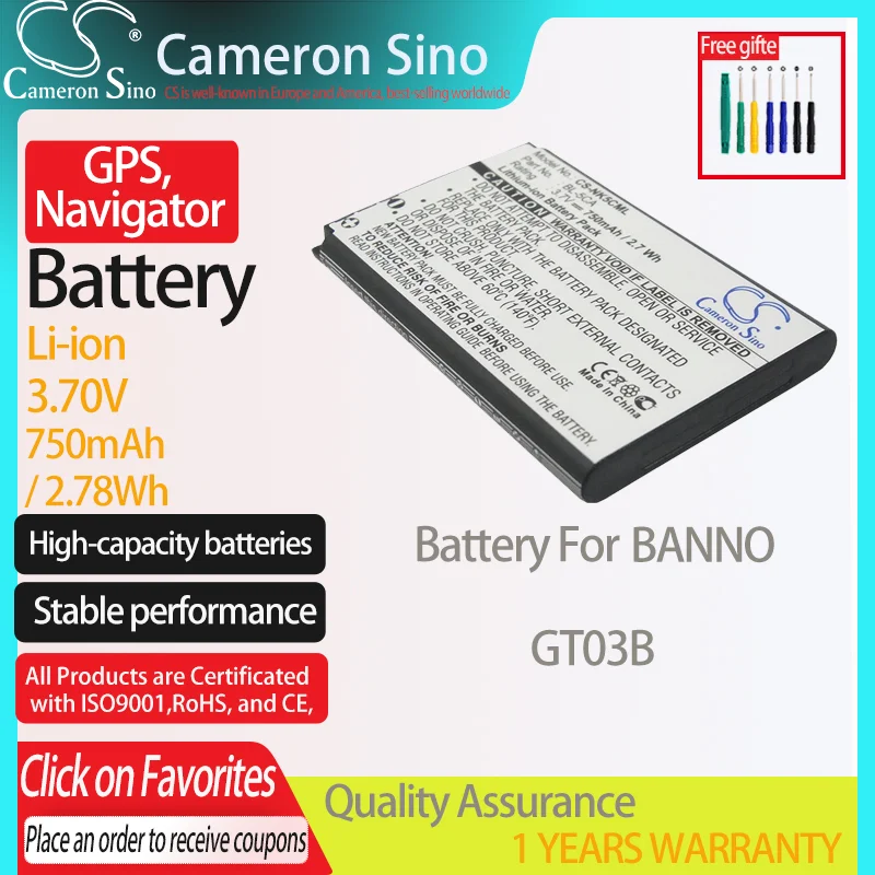 CameronSino Battery for BANNO GT03B GPS,Navigator battery 750mAh/2.78Wh 3.70V Li-ion Black